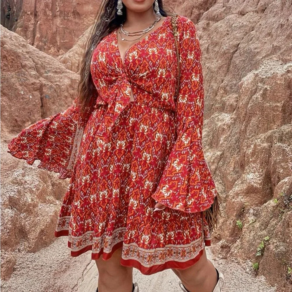 Boho flounce sleeve tie front dress - Picture 1 of 5